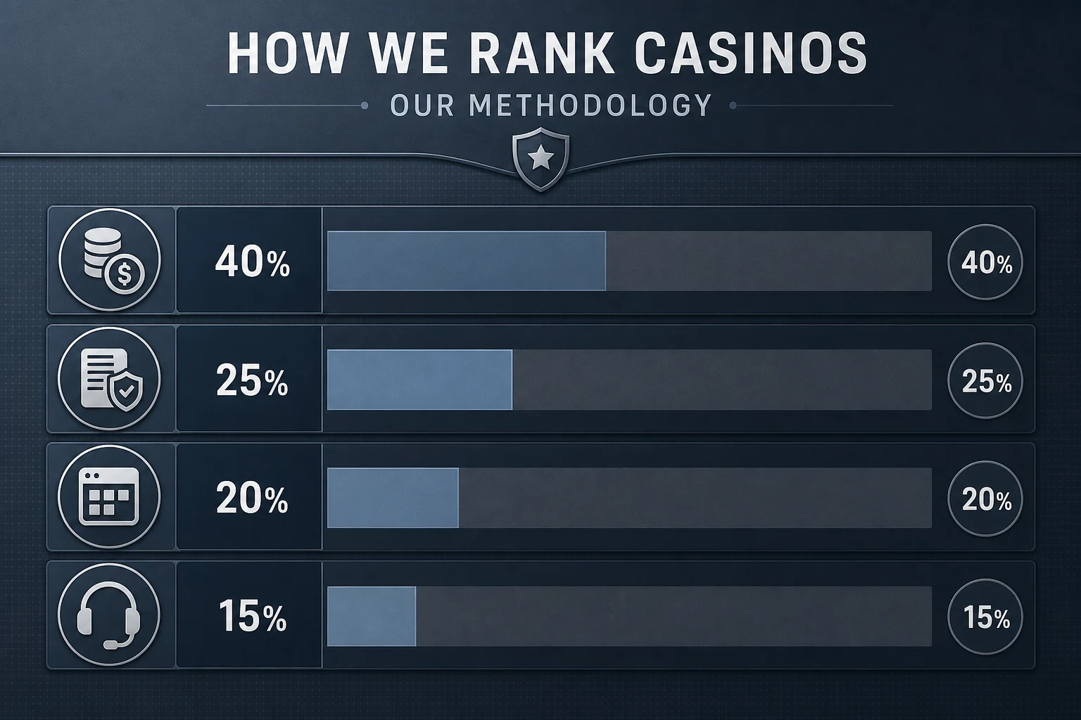 Weighted ranking methodology: payout, terms, lobby and support